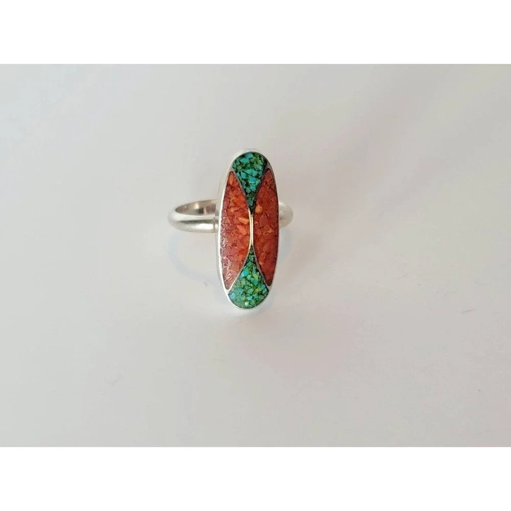Vintage Turquoise‎ Coral Sterling Silver Inlay Ring Statement Jewelry 4.5
